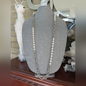 Modern Long Silver Tone Chain and Faux Pearl Necklace